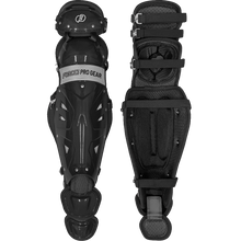 Two Force3 Catcher's Leg Guards with Dupont Kevlar (model BC8), featuring black padded lining, adjustable straps, and a durable hard shell. One guard shows the front; the other highlights interior padding and strap details.
