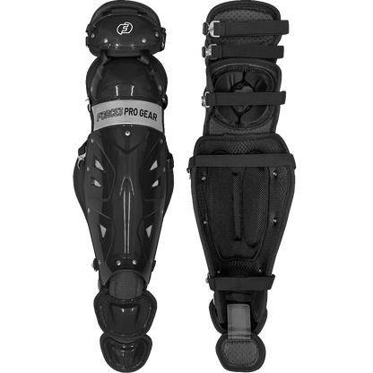 Two Force3 Catcher's Leg Guards with Dupont Kevlar (model BC8), featuring black padded lining, adjustable straps, and a durable hard shell. One guard shows the front; the other highlights interior padding and strap details.