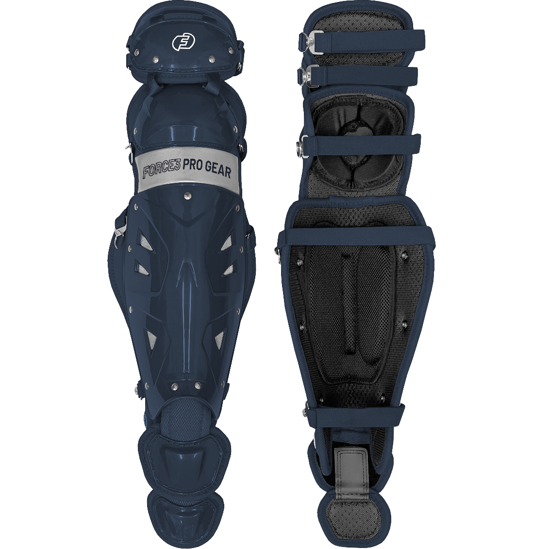 A pair of Force3 Catcher's Leg Guards with Dupont Kevlar (model BC8), featuring navy blue exteriors, black padding, and adjustable straps. One displays "Force3 Pro Gear" branding; the other shows the padded interior.