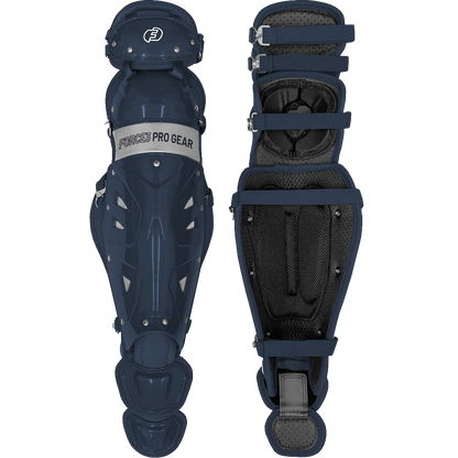 A pair of Force3 Catcher's Leg Guards with Dupont Kevlar (model BC8), featuring navy blue exteriors, black padding, and adjustable straps. One displays "Force3 Pro Gear" branding; the other shows the padded interior.