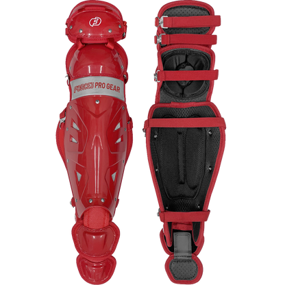 Force3 Catcher's Leg Guards with Dupont Kevlar (BC8) are shown front and back. The front highlights hard shell protection and Force3 branding; the back shows black padding, adjustable red straps, and premium safety features.
