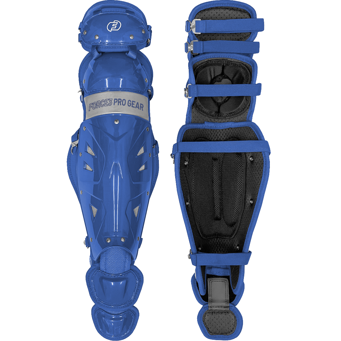 Two blue Force3 Catcher's Leg Guards with Dupont Kevlar (BC8) are shown—one facing forward, one displaying the padded interior and adjustable straps. Both feature metal rivet details and FORCE3 branding for reliable protection.