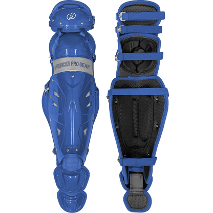 Two blue Force3 Catcher's Leg Guards with Dupont Kevlar (BC8) are shown—one facing forward, one displaying the padded interior and adjustable straps. Both feature metal rivet details and FORCE3 branding for reliable protection.