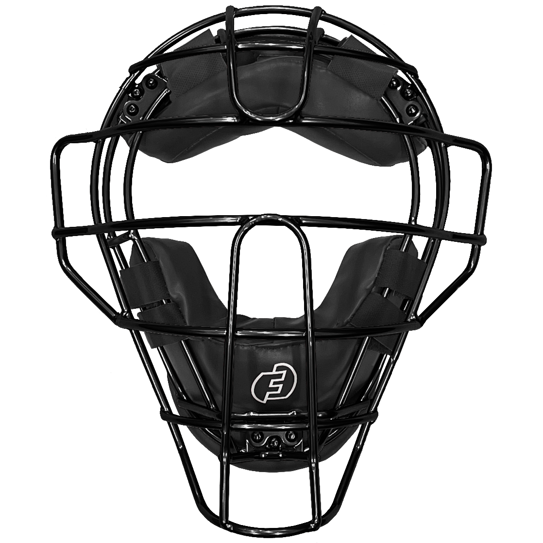 The Force3 Pro Gear Traditional Defender Mask: BD31 by Force3 is a black and silver catcher’s mask with padded sections and a protective metal cage, designed for baseball safety, shown front-facing on a plain white background.
