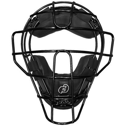 The Force3 Pro Gear Traditional Defender Mask: BD31 by Force3 is a black and silver catcher’s mask with padded sections and a protective metal cage, designed for baseball safety, shown front-facing on a plain white background.