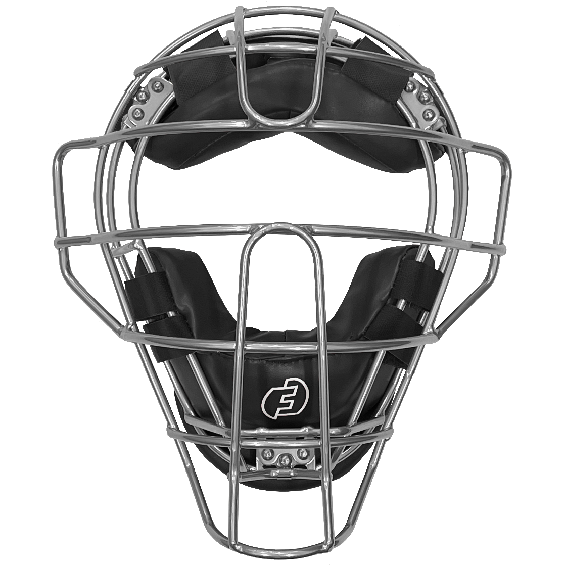 The Force3 Pro Gear Traditional Defender Mask: BD31 is a silver catcher’s mask with black padding and an embroidered white logo on the forehead, shown front-facing against a white background and designed for top baseball safety.