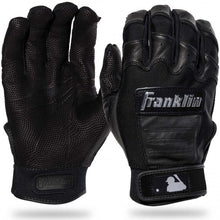 The Franklin CFX Pro Full Color Chrome Adult Batting Gloves 205 in black, made from sheepskin leather, feature textured grip palms, Velcro wrist straps, and a small MLB logo on the wrist. Shown palm-up and palm-down.