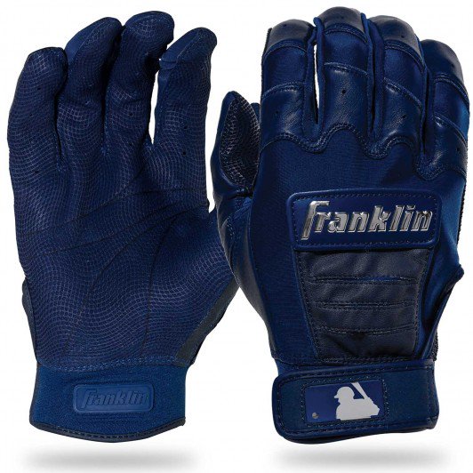 A pair of Franklin CFX Pro Full Color Chrome Adult Batting Gloves (205) in dark blue, featuring the MLB logo on the wrist strap and crafted from premium sheepskin leather for superior grip, with one glove palm up and one palm down.