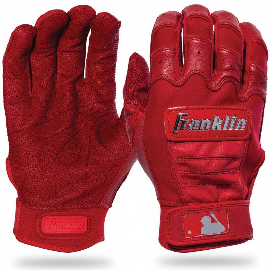 A pair of red Franklin CFX Pro Full Color Chrome Adult Batting Gloves, made from premium sheepskin leather for superior grip, shown with one palm up and one palm down, displaying the Franklin logo and MLB logo on the wrist strap and back.