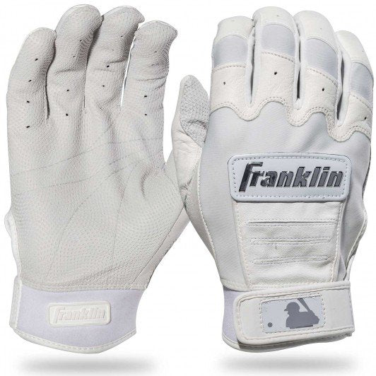 The Franklin CFX Pro Full Color Chrome Adult Batting Gloves 205 are shown in white sheepskin leather, with one glove displaying the palm and the other the back, both featuring the Franklin and MLB logos near the wrist for superior grip.