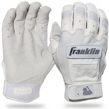 The Franklin CFX Pro Full Color Chrome Adult Batting Gloves 205 are shown in white sheepskin leather, with one glove displaying the palm and the other the back, both featuring the Franklin and MLB logos near the wrist for superior grip.