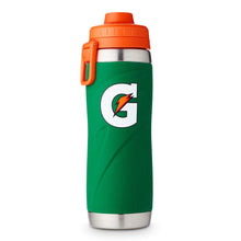The Gatorade 26 oz Stainless Steel Water Bottle (43669) features a green body with a nonslip grip, silver base, orange lid and handle, plus a large white "G" and orange lightning bolt logo on the front.