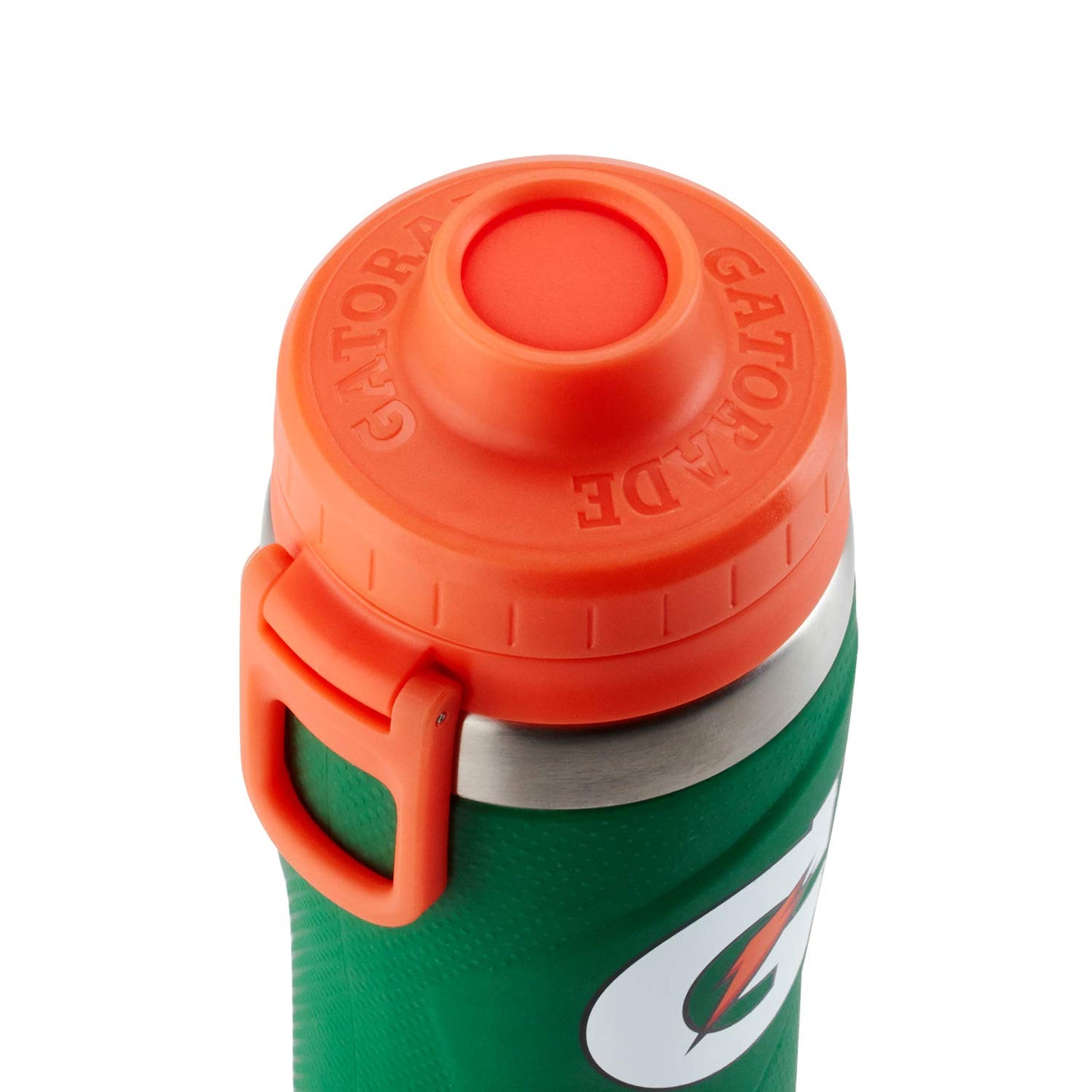 A close-up of the Gatorade 26 oz Stainless Steel Water Bottle (43669) in green with an orange lid and spout, featuring a nonslip grip, side carrying handle, and visible Gatorade logo.