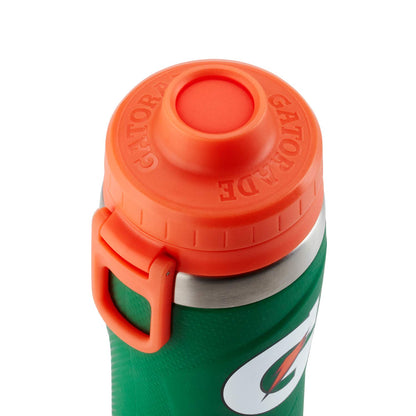 A close-up of the Gatorade 26 oz Stainless Steel Water Bottle (43669) in green with an orange lid and spout, featuring a nonslip grip, side carrying handle, and visible Gatorade logo.