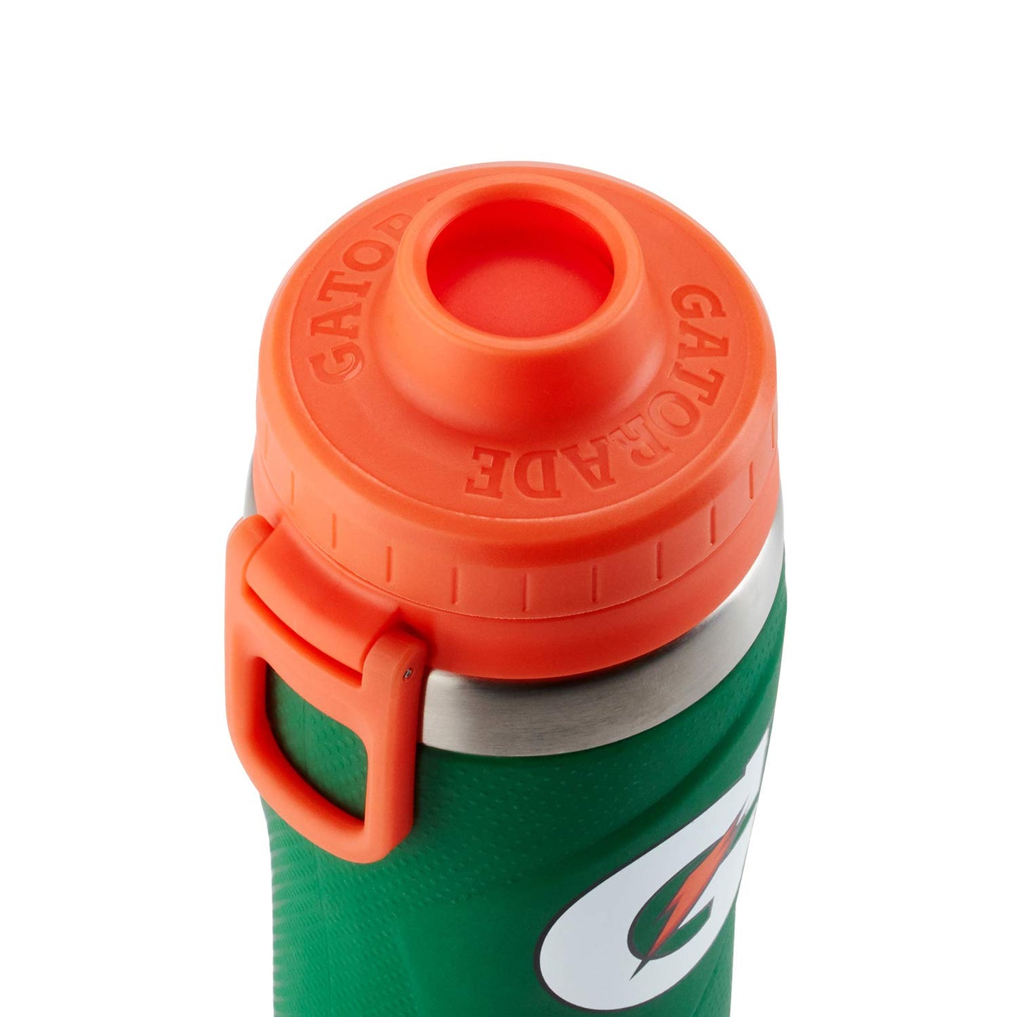 A close-up of the Gatorade 26 oz Stainless Steel Water Bottle (43669) with an orange twist-off lid, handle, nonslip grip, and Gatorade logo on a green body, shown against a white background.