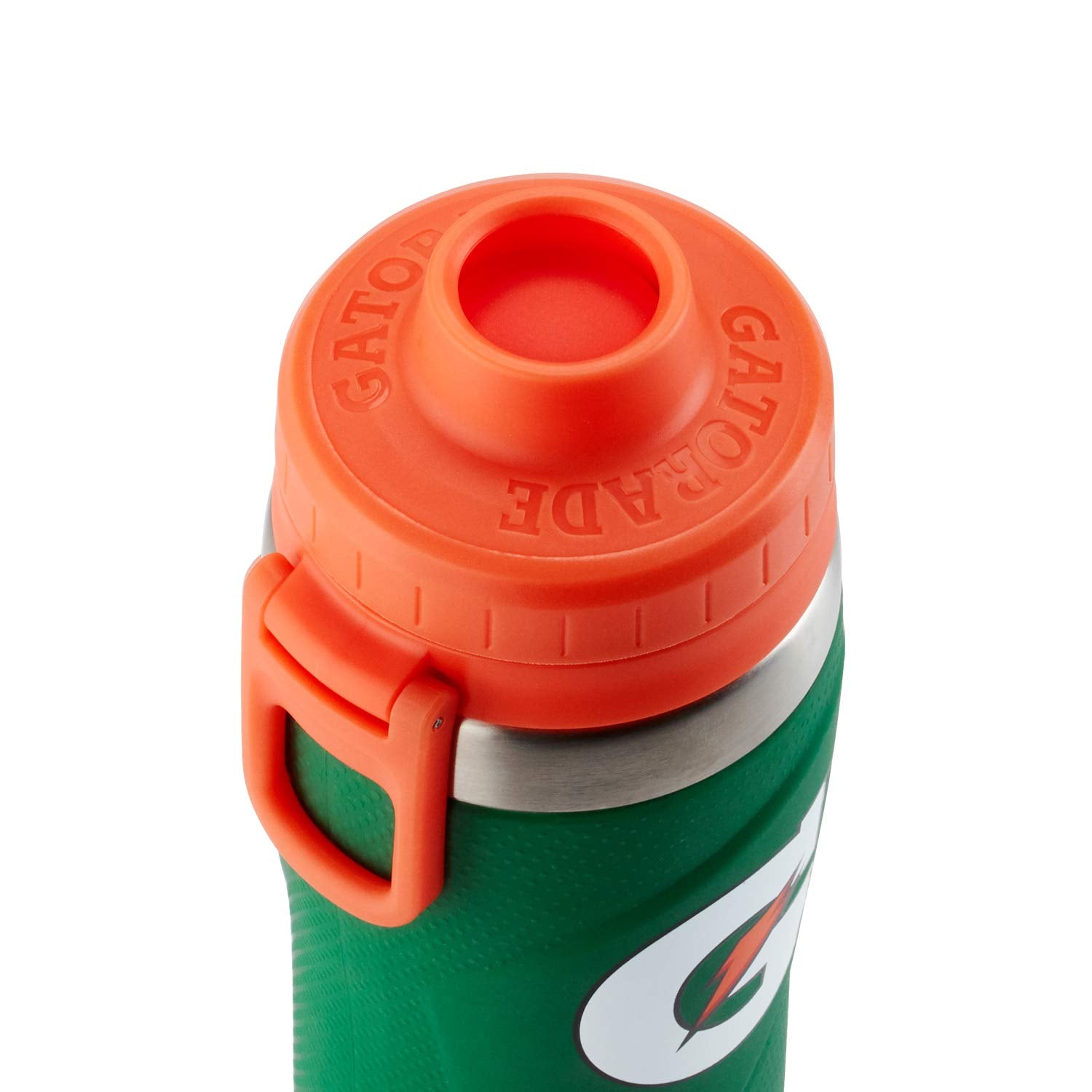 A close-up of the Gatorade 26 oz Stainless Steel Water Bottle (43669) with an orange twist-off lid, handle, nonslip grip, and Gatorade logo on a green body, shown against a white background.