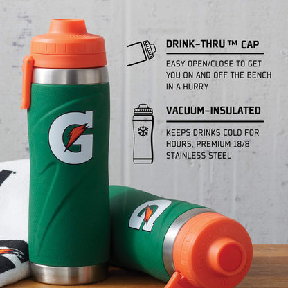 The Gatorade 26 oz Stainless Steel Water Bottle (43669) is shown upright and lying down, featuring a green and orange design, drink-thru cap for quick access, nonslip grip, and vacuum-insulated build to keep drinks cold.