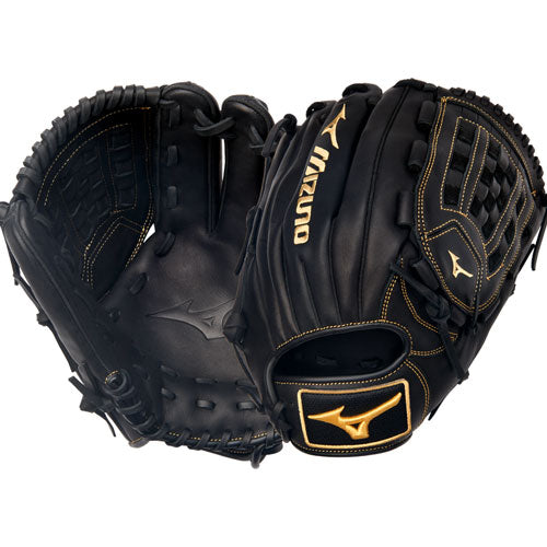 A pair of Mizuno MVP Prime 12" Baseball Gloves (GMVP1200P4), black with gold stitching and the Mizuno logo, crafted from Bio Soft Leather, shown from various angles to highlight both the inside and outside.