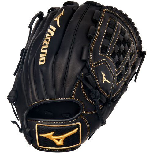 The Mizuno MVP Prime 12" Baseball Glove (GMVP1200P4) features black Bio Soft Leather, gold stitching and logos, a closed web design, and an adjustable wrist strap for comfort and performance.