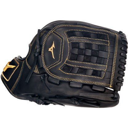 The Mizuno MVP Prime 12" Baseball Glove (GMVP1200P4) features black Bio Soft Leather, gold stitching, a woven pocket, and gold Mizuno logos on the wrist and back.