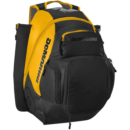 The DeMarini Voodoo OG Backpack: WB57117, in black and yellow, features multiple zippered compartments, padded shoulder straps, and side pockets—ideal for sports or athletic use.