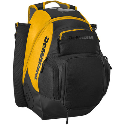 The DeMarini Voodoo OG Backpack: WB57117, in black and yellow, features multiple zippered compartments, padded shoulder straps, and side pockets—ideal for sports or athletic use.