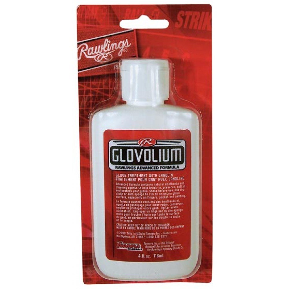 The Rawlings Glovolium Glove Treatment G25GII comes in red and white packaging and is specially formulated to condition and preserve leather baseball gloves.