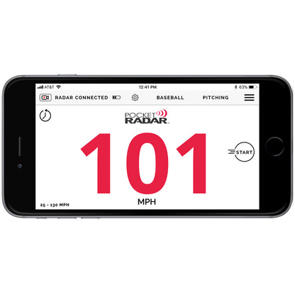 The Pocket Radar Smart Coach Radar: SR1100 from Pocket Radar displays a 101 MPH speed reading in large red numbers on the app screen, with easy controls and a start button—ideal for tracking your results with this advanced speed training system.