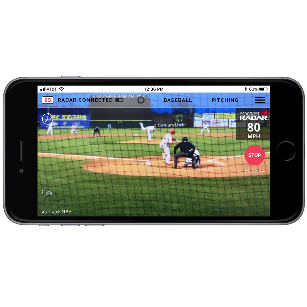 A smartphone shows a baseball game with pitcher, batter, and umpire using the Pocket Radar Smart Coach Radar: SR1100 by Pocket Radar. The app displays an 80 mph pitch speed in pitching mode—ideal for your speed training system.