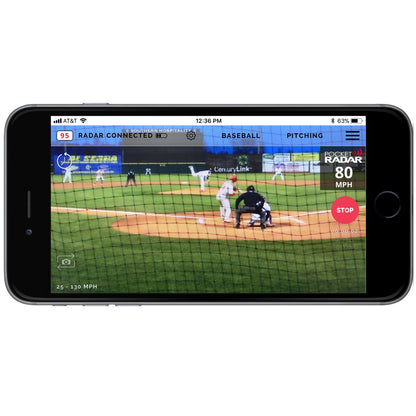 A smartphone shows a baseball game with pitcher, batter, and umpire using the Pocket Radar Smart Coach Radar: SR1100 by Pocket Radar. The app displays an 80 mph pitch speed in pitching mode—ideal for your speed training system.