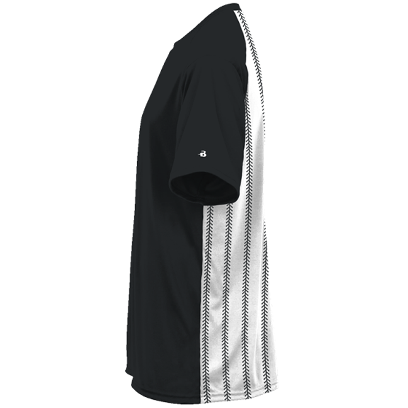 Side view of the DSG Apparel National Softball Association NSA Splitter Dry Fit Short Sleeve Shirt in black with white side panels featuring a vertical herringbone pattern. Perfect for athletes and NSA team members.