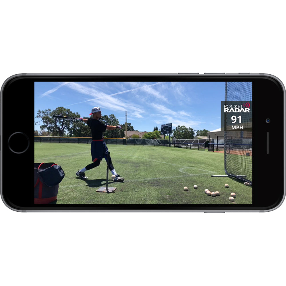 A cell phone displays a man hitting a ball with the Pocket Radar Smart Coach Radar: SR1100 by Pocket Radar, perfect for any speed training system.