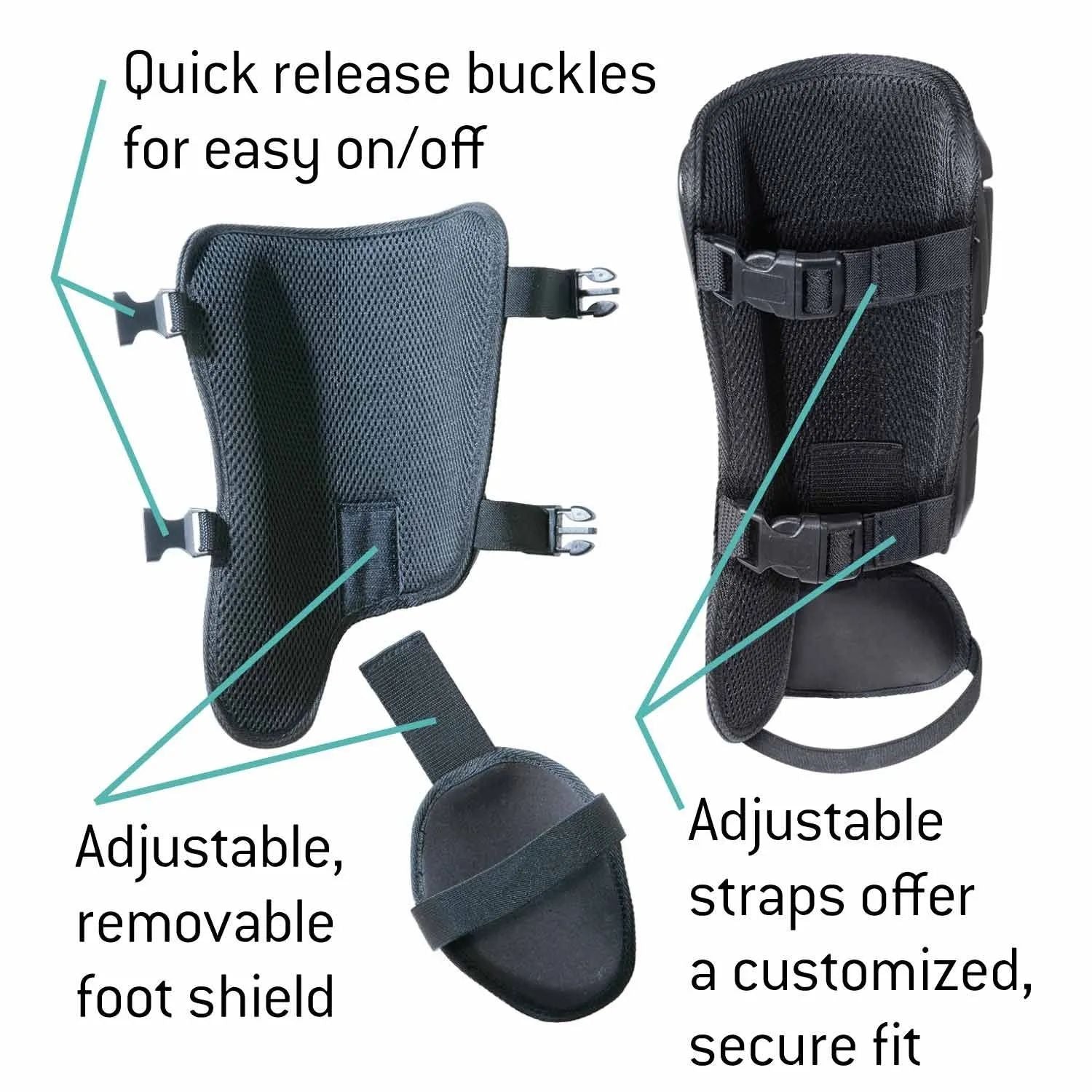 The G-Form Batter's Leg Guard (LG0102) by G-Form is shown in black, highlighting SmartFlex padding, quick release buckles, an adjustable/removable foot shield, and adjustable straps for a secure, custom fit.