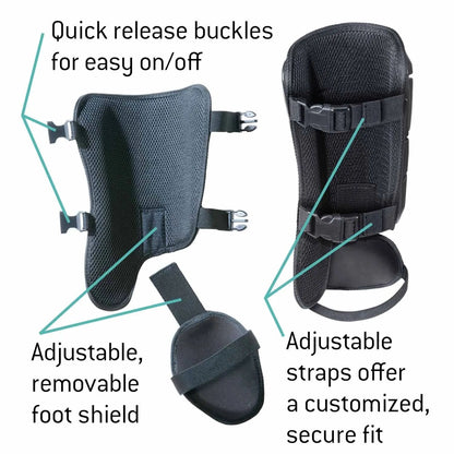 The G-Form Batter's Leg Guard (LG0102) by G-Form is shown in black, highlighting SmartFlex padding, quick release buckles, an adjustable/removable foot shield, and adjustable straps for a secure, custom fit.