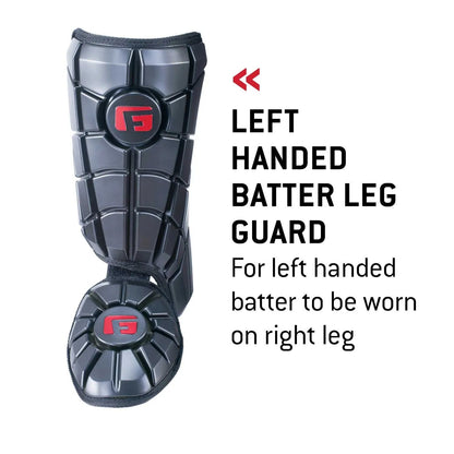 The G-Form Batter's Leg Guard: LG0102 is a black leg guard with red accents and SmartFlex padding, designed for left-handed batters to wear on the right leg. Text beside the product details its purpose and usage.