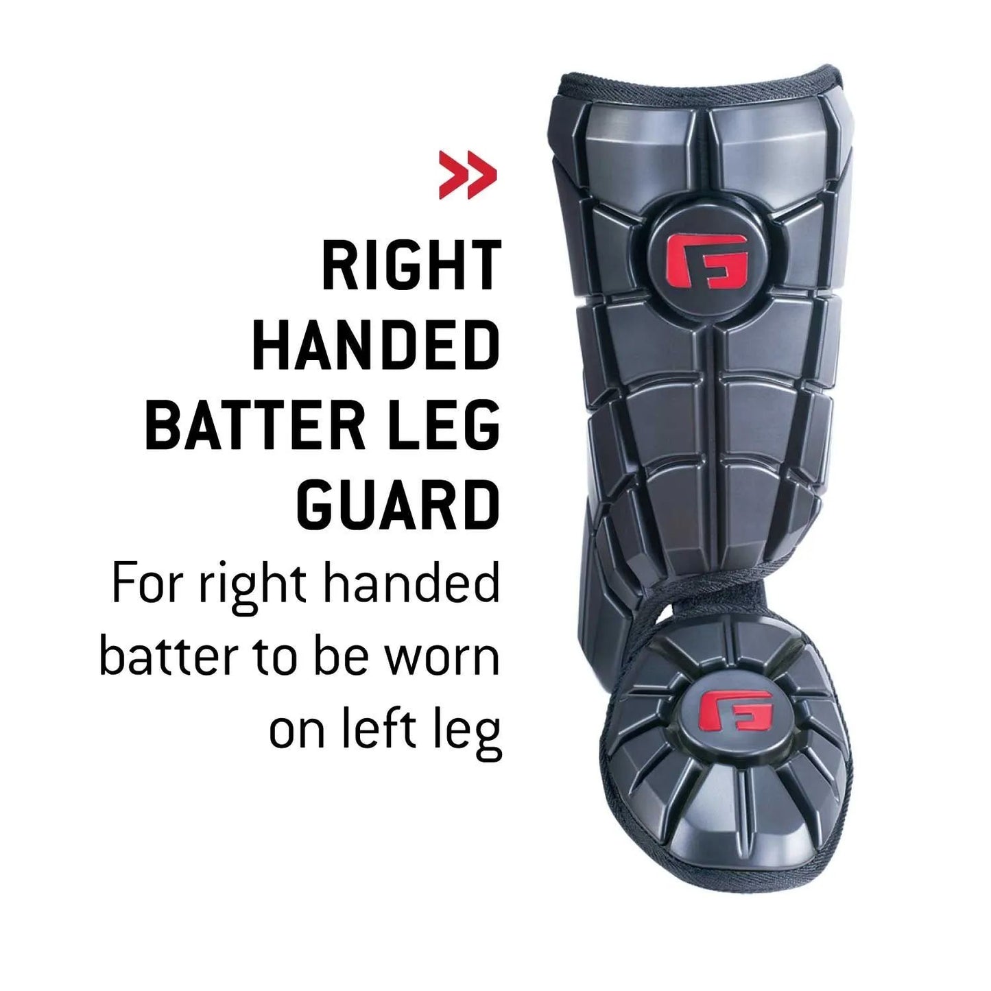 G-Form Batter's Leg Guard: LG0102 for right-handed batters, worn on the left leg. Features SmartFlex padding and a red logo for protection. Text explains use. Shown on a white background.