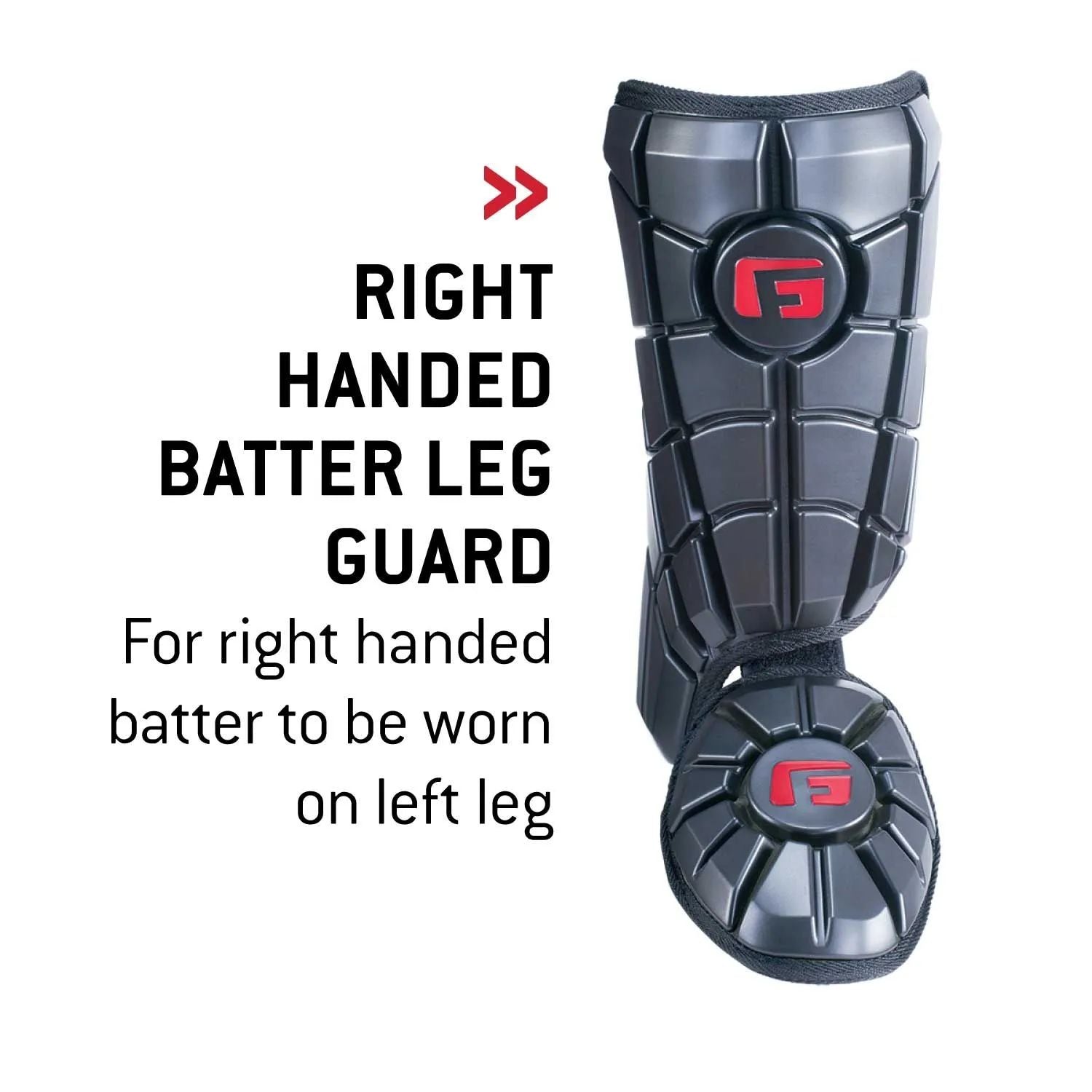 G-Form Batter's Leg Guard: LG0102 for right-handed batters, worn on the left leg. Features SmartFlex padding and a red logo for protection. Text explains use. Shown on a white background.