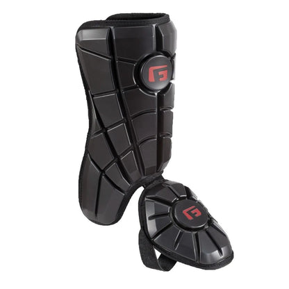The G-Form Batter's Leg Guard: LG0102 by G-Form is a black shin guard featuring textured protective panels, SmartFlex padding, red logos, attached ankle protection, and adjustable straps.