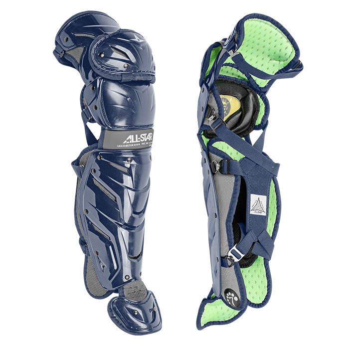 The All Star System7 Axis Catcher's Leg Guards (LG912S7X / LG1216S7X / LG40SPRO / LG40WPRO) feature blue exterior, black straps, green padded lining, and the LINQ hinge system for superior mobility; front and back views shown.