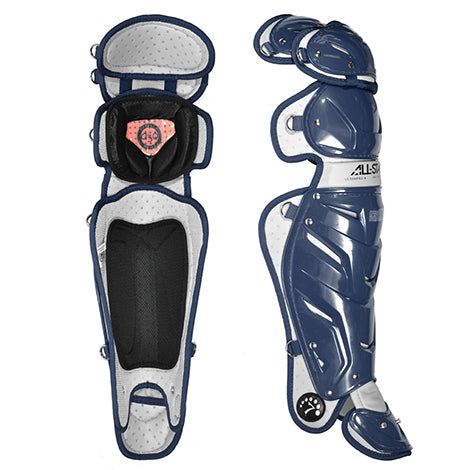 The All Star System7 Pro Catcher's Leg Guards (LG30SPRO / LG30WPRO) feature padded interiors, durable hard shells, and protective knee and shin sections. Shown here in adult navy/white, displayed from front and back.
