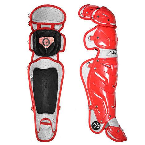 The All Star System7 Pro Catcher's Leg Guards (LG30SPRO / LG30WPRO) deliver durable red and white shin protection, ideal for adult pro stock use.