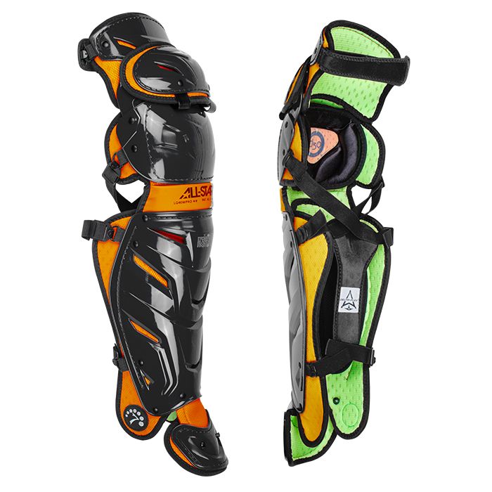 The All Star System7 Axis Catcher's Leg Guards (LG912S7X / LG1216S7X / LG40SPRO / LG40WPRO) are shown in black, orange, and green with multiple protective pads, adjustable straps, and the LINQ hinge system for mobility.