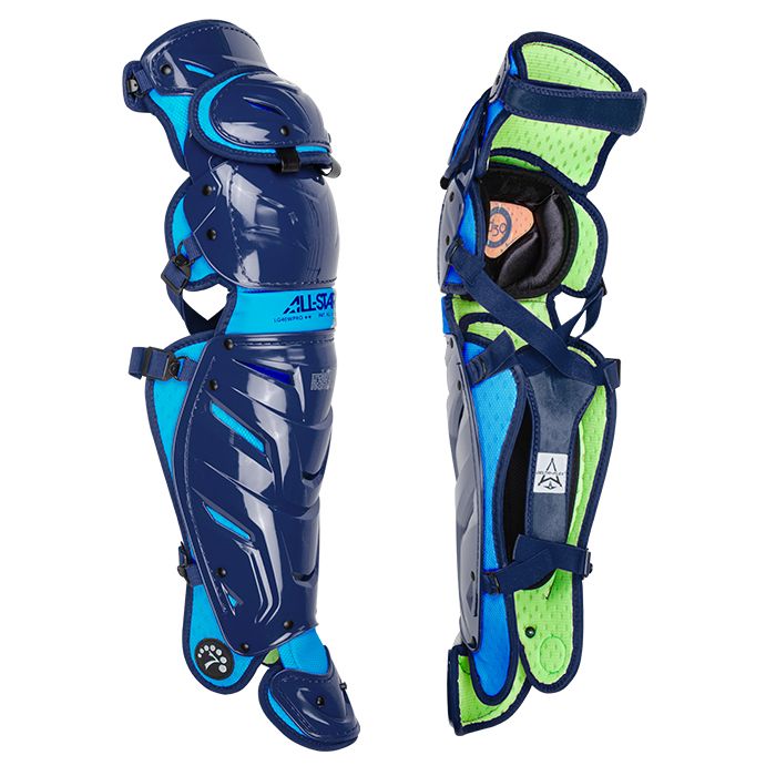 The All Star System7 Axis Catcher's Leg Guards (LG912S7X / LG1216S7X / LG40SPRO / LG40WPRO) feature blue and neon green design, protective padding, adjustable straps, a hard shell, and the advanced LINQ hinge for superior mobility.