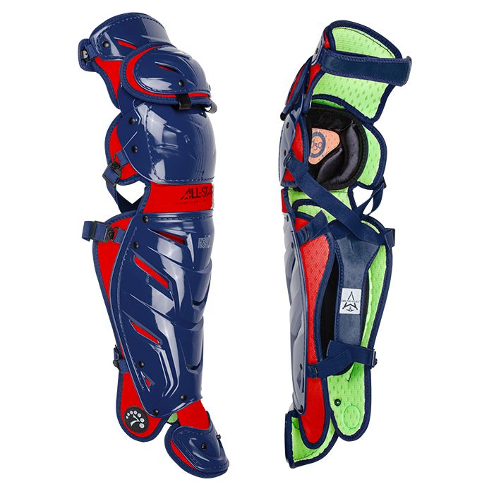 The All Star System7 Axis Catcher's Leg Guards (LG912S7X / LG1216S7X / LG40SPRO / LG40WPRO) feature blue, red, and neon green designs with protective padding, adjustable straps, reinforced knee/shin areas, and a LINQ hinge for mobility.