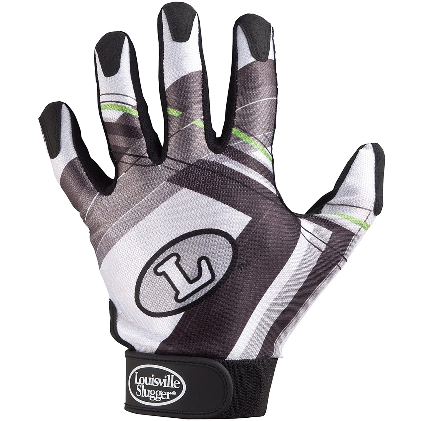 The Louisville Slugger Genesis BG50 Youth Batting Gloves (BG50Y) feature a black, white, and gray design with green accents, pro-quality materials, and the L logo on the back and wrist strap.