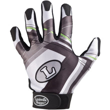The Louisville Slugger Genesis BG50 Youth Batting Gloves (BG50Y) feature a black, white, and gray design with green accents, pro-quality materials, and the L logo on the back and wrist strap.