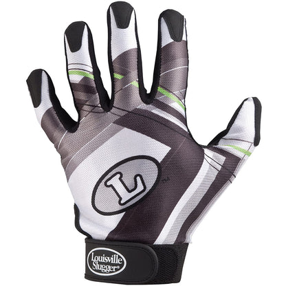 The Louisville Slugger Genesis BG50 Adult Batting Glove features black, white, and gray geometric patterns with green accents and a pro-quality sheepskin palm, shown palm out with spread fingers.