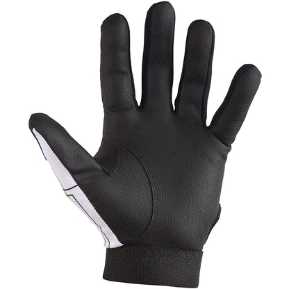 The Louisville Slugger Genesis BG50 Youth Batting Glove features a black professional-quality textured palm and fingers, a white side thumb panel, and is shown with the sheepskin palm facing forward and fingers spread apart.