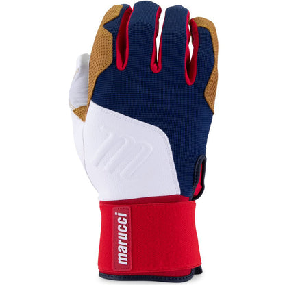 The Marucci Blacksmith Adult Batting Glove (MBGBKSMFW) features a blue, white, brown, and red design with a red wrist strap printed with "marucci" in white. This durable training glove has a goatskin palm and is shown upright, palm facing backward.