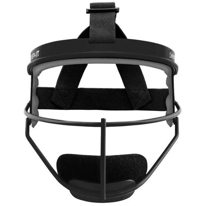 The Rip It Defense Softball Fielder's Mask (RIPDG) by Rip It is a black, lightweight mask with a padded chin rest, adjustable strap, and protective metal bars for softball or baseball, offering comfortable open-face protection.